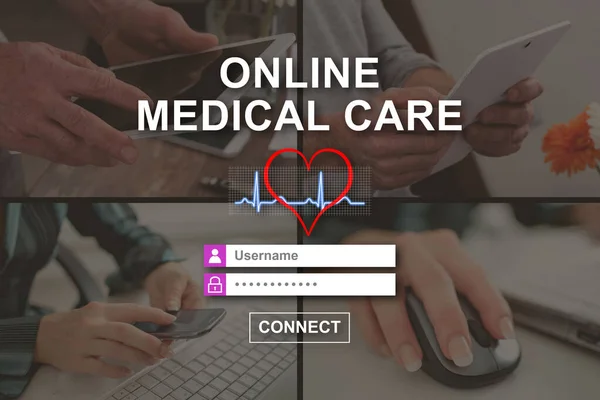 Концепція Онлайнової Медичної Допомоги Ілюстрована Фотографіями Фоні — стокове фото