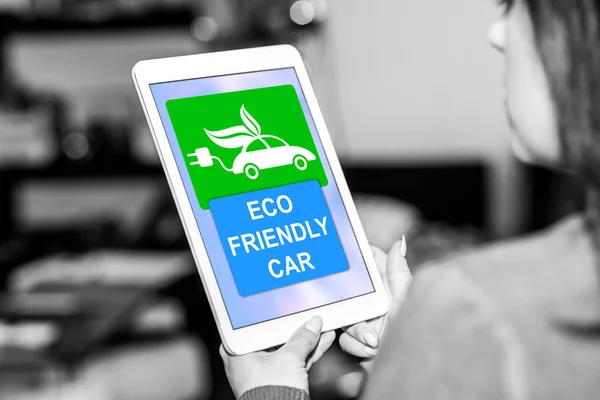 Tablet Screen Displaying Eco Friendly Car Concept — Stock Photo, Image