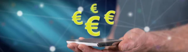 Euro Conceito Acima Smartphone Detido Por Homem — Fotografia de Stock