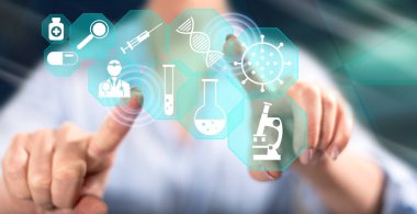 Bir kadın dokunmatik ekranda tıbbi araştırma konseptine parmaklarıyla dokunuyor.