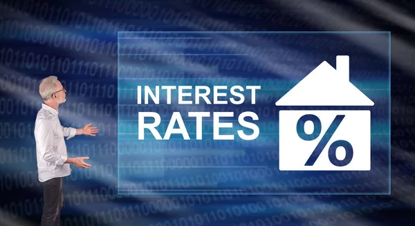 Businessman Showing Interest Rates Concept Wall Screen — Stock Photo, Image
