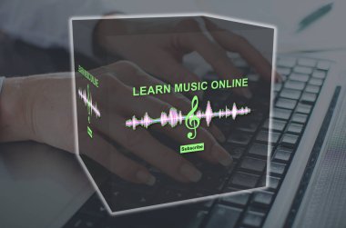 Çevrimiçi müzik dersi kavramı arka plandaki bir resimle gösterilmiştir
