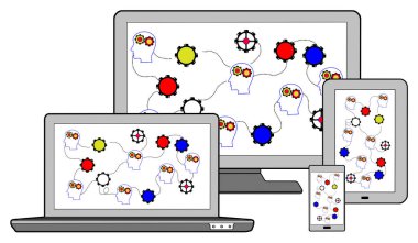 Farklı cihazlar üzerinde beyin fırtınası kavramı, beyaz üzerinde izole