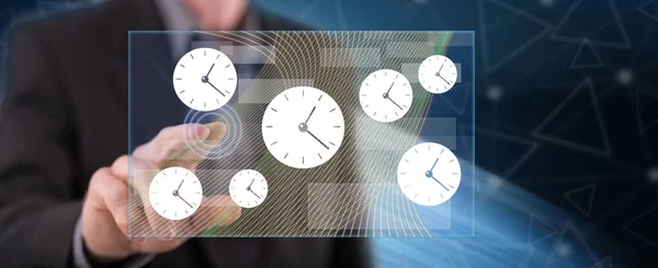 Man Touching Time Management Concept Touch Screen His Finger — Stock Photo, Image