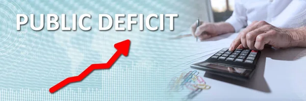 Concept Public Deficit Increase Businessman Using Calculator Office Panoramic Banner — Stock Photo, Image