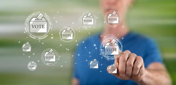 Homme Touchant Concept Vote Ligne Sur Écran Tactile Avec Son — Photo