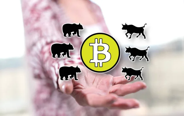 Bitcoin Trend Concept Boven Hand Van Een Vrouw Achtergrond — Stockfoto