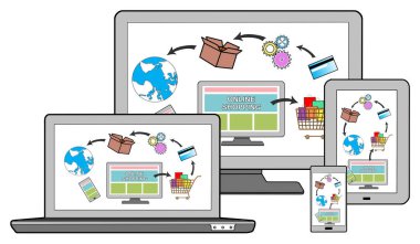 Farklı cihazlar üzerinde çevrimiçi alışveriş kavramı, beyaz üzerinde izole