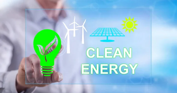 Man Touching Clean Energy Concept Touch Screen His Finger — Stock Photo, Image