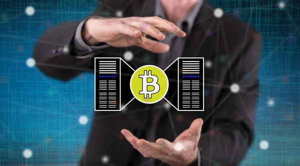 Bitcoin Mining Concept Tussen Handen Van Een Man Achtergrond — Stockfoto