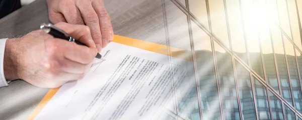 Hand Businessman Signing Contract Multiple Exposure — Stock Photo, Image