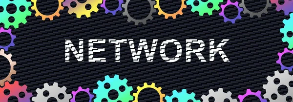 Word network surrounded with multicolored cogwheels