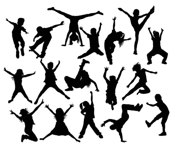 Happy Jumping Familia y amigo Silhouette — Vector de stock