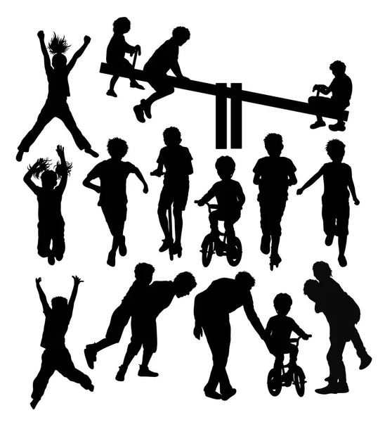 Happy Children Plying Activity Silhouettes — Stock Vector