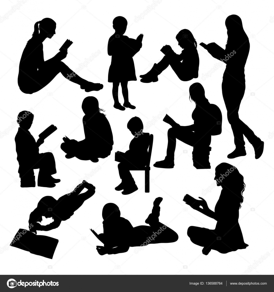 Little Girl Reading A Book Silhouettes Stock Vector by ©sumbajimartinus  136588764, image size:961x1024