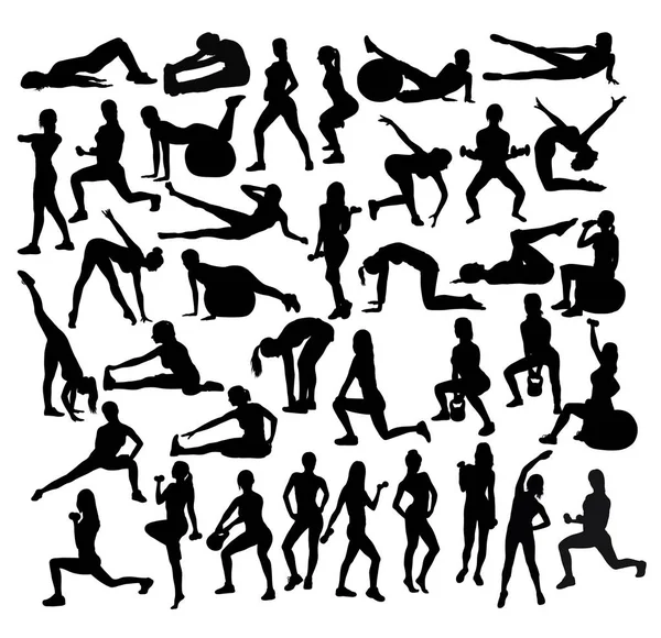 Exercices Fitness et Gym Sport Silhouettes — Image vectorielle