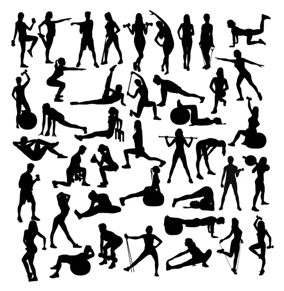 Mujer Deporte Fitness Gimnasio Actividad Siluetas Diseño Vectores Arte — Archivo Imágenes Vectoriales