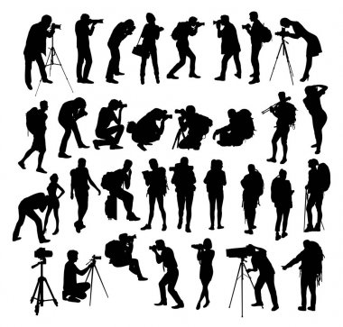 Backpacker ve fotoğrafçı siluetleri, sanat vektör tasarımı 