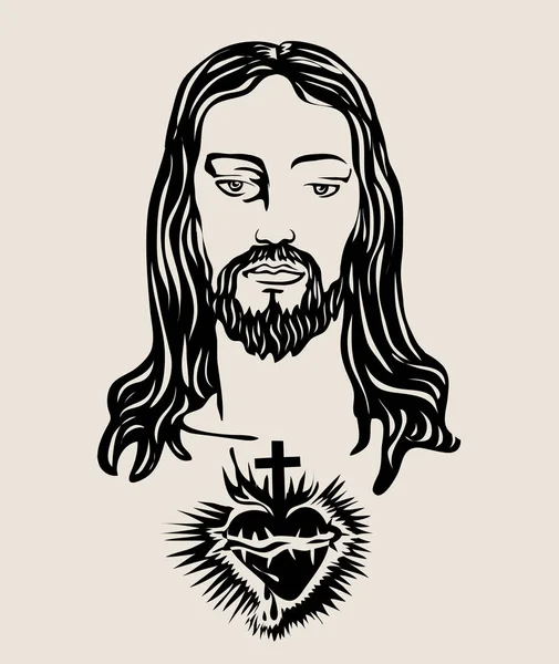 Rostro Jesús Con Sagrado Corazón Dibujo Bocetos Diseño Vectores Arte — Vector de stock
