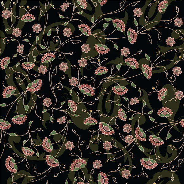 Ramos florais padrão de repetição sem costura em preto — Vetor de Stock