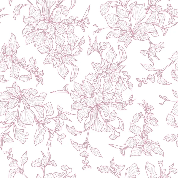 Hermosas hojas delineadas rosadas patrón de repetición sin costuras — Archivo Imágenes Vectoriales