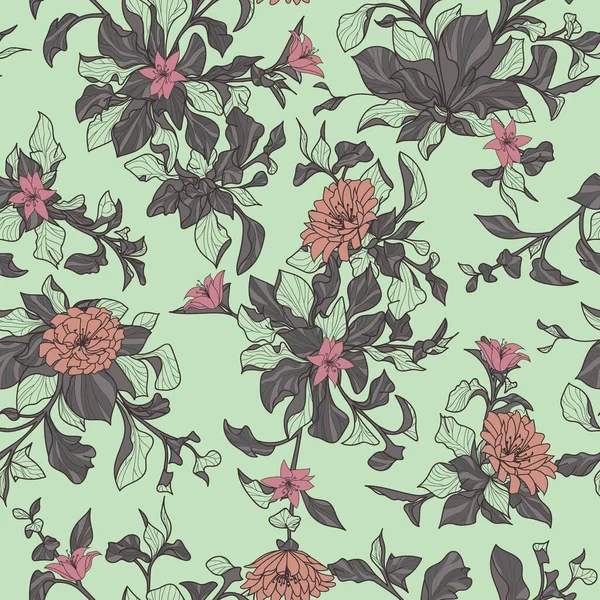 Ramas florales patrón de repetición sin costuras con fondo verde — Archivo Imágenes Vectoriales
