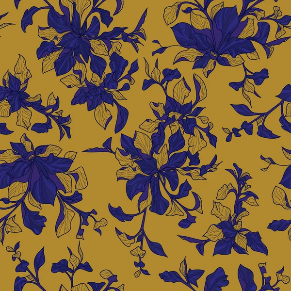 Blue leaves seamless repeating pattern with yellow background — Stockvector