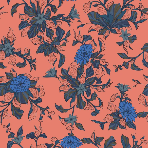 Floral branches seamless repeating pattern with peach background — Stockvector