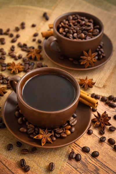 Coffee Dark Brown Cups Saucers Napkins Wooden Table Spilled Coffee — Stock Photo, Image