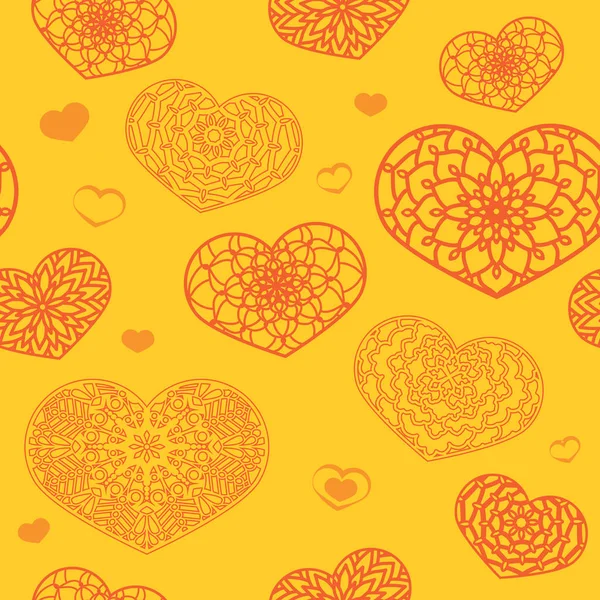 Seamless Colored Pattern with Ornamental Hearts in yellow and or — Stock Vector