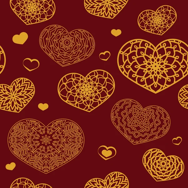 Sömlös färgade mönster med dekorativa hjärtan i rött och guld — Stock vektor