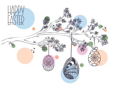 Yaprakları ile elle çizilmiş şube ve asmak Paskalya tebrik kartı