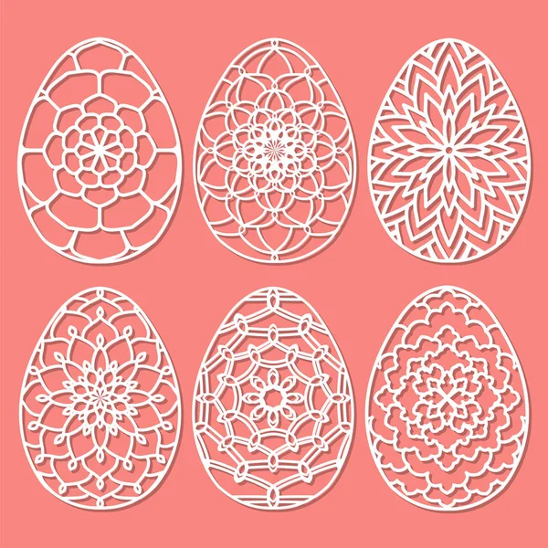 Set of Vector Stencil lacy Easter egg with carved openwork patte — Stock Vector