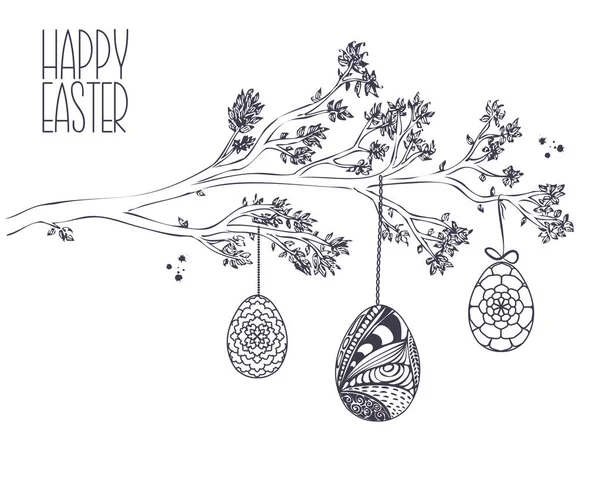 Carte de vœux de Pâques avec branche dessinée à la main avec feuilles et Han — Image vectorielle