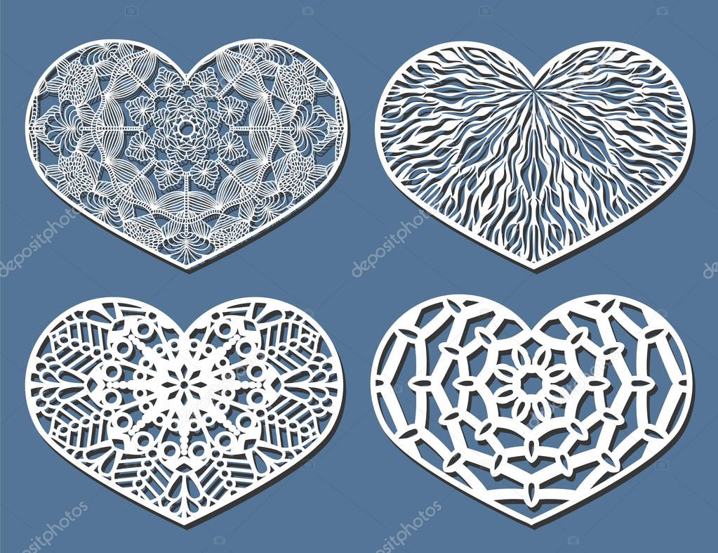 Set of Vector Stencil lacy hearts with carved openwork pattern. 
