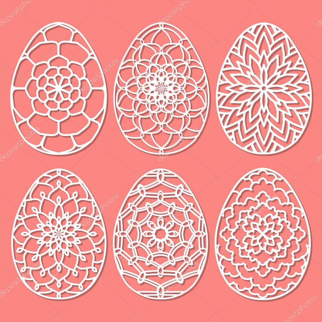 Set of Vector Stencil lacy Easter egg with carved openwork patte