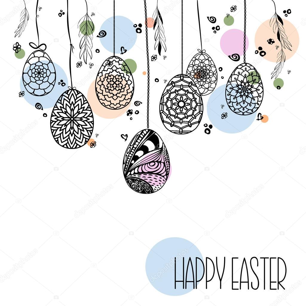 Decorative Card with Hanging Easter hand drawn ornamental eggs a