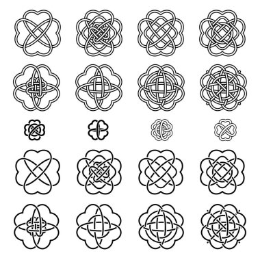 Beyaz arka yüzündeki siyah siluetler düğüm kümesi dört yapraklı yonca şeklinde