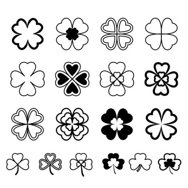 Dört yapraklı yonca ayarlayın. Yaprak, üç ve dört stilize siluetleri. St.