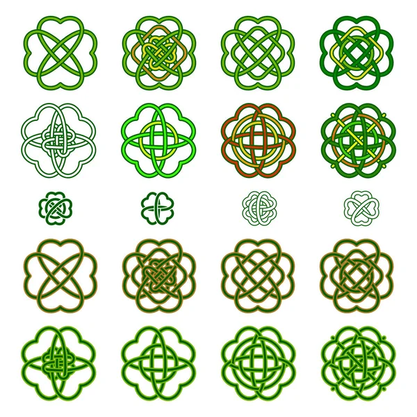 Set Four leaf clover shaped knot in green colours, Celtic style, — Stock Vector