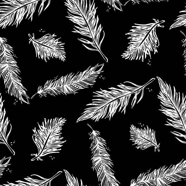 Seamless Pattern with Feathers white on a black background. Vint