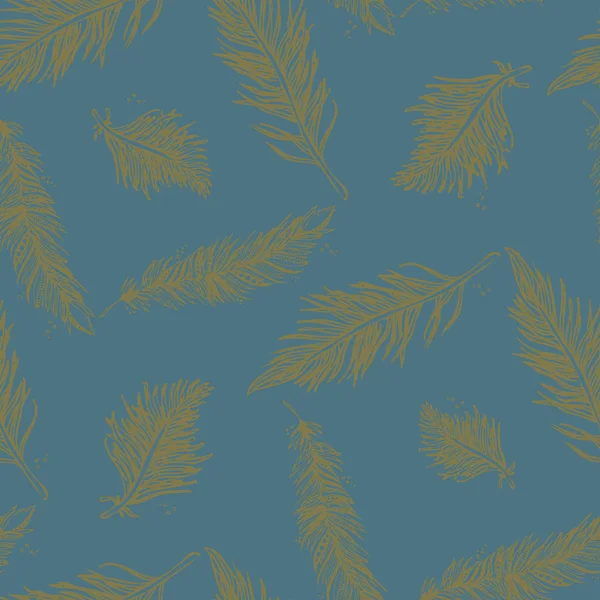 Seamless mönster med fjädrar oliv på en turkos bakgrund. — Stock vektor