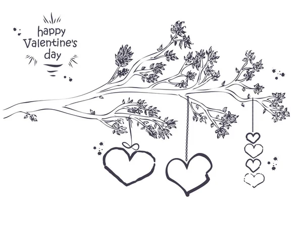Rama dibujada a mano con hojas y corazones colgantes. Ideal para Vale — Vector de stock