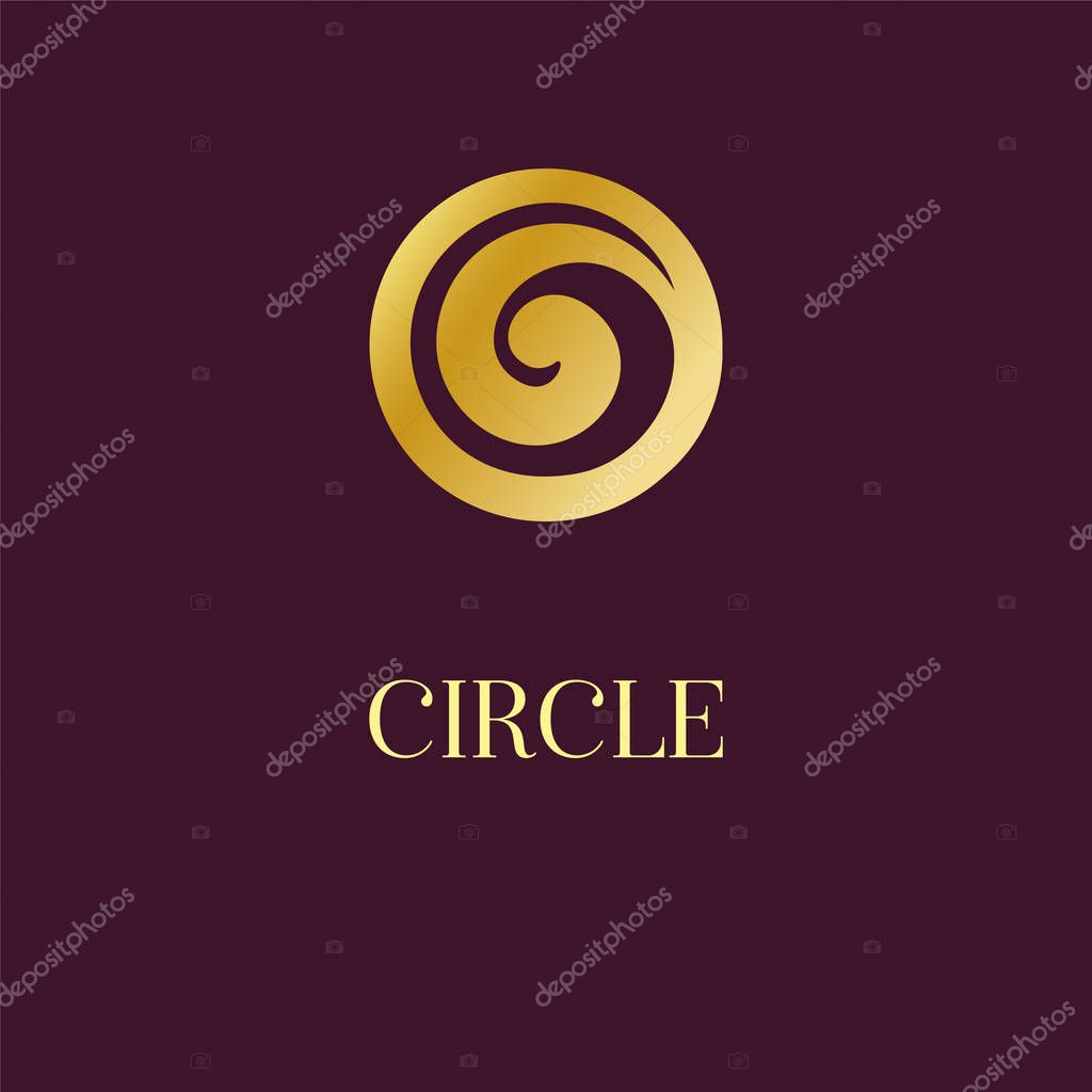 Abstract logo icon design. Elegant Golden Circle Spiral symbol. Template for creating unique luxury design, logo, artwork, exhibitions, auctions, corporate products, yoga studio, boutique, spa center, jewelry, hotel, business cards. Universal premium