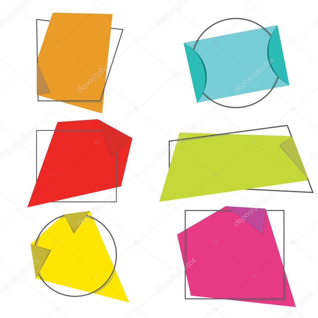 Set of trendy flat colorful vector banners. Paper stickers with curved corners on different geometric shapes. Promotion speech bubble banner, price tag, sticker, badge, poster. Vector illustratio