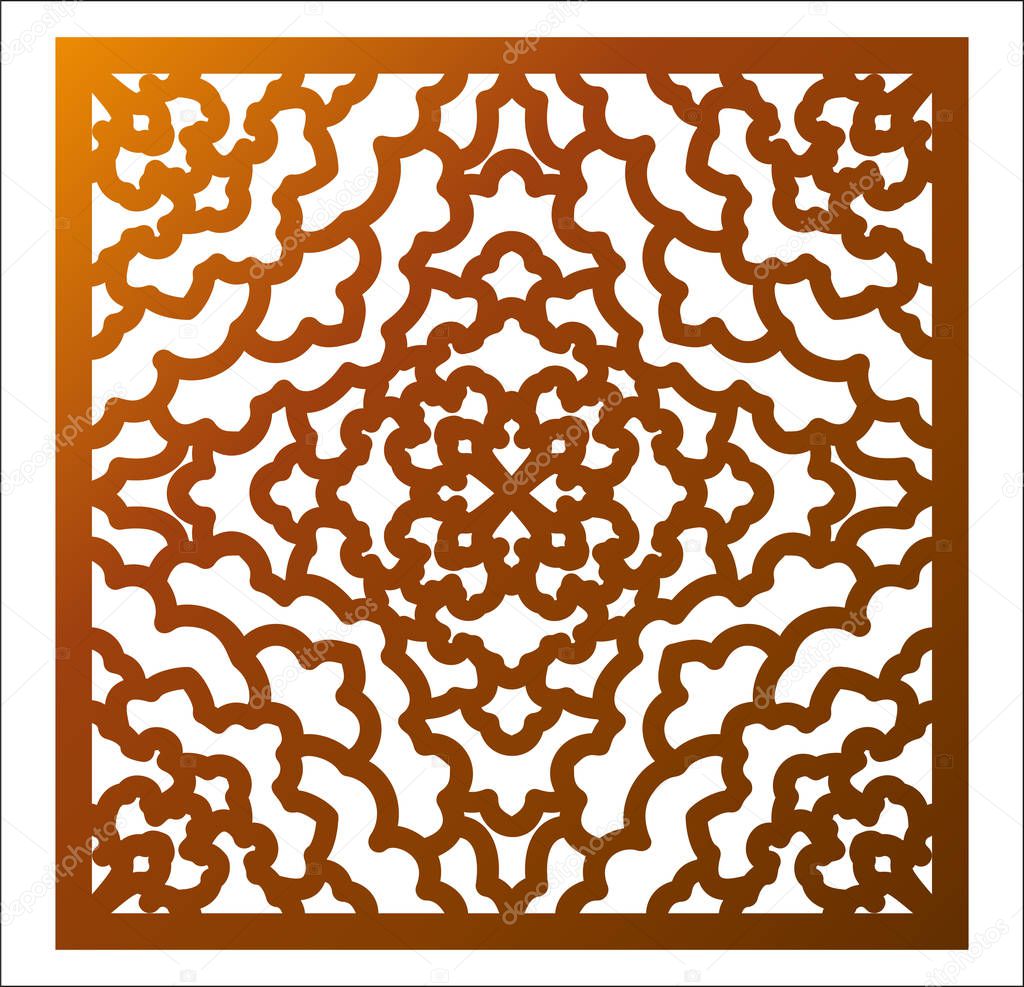 Laser cutting square panel. Fretwork floral pattern with mandala