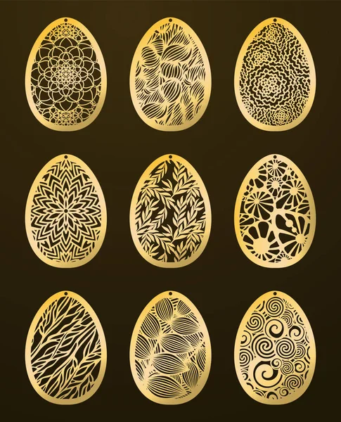 Set of Laser Cut Happy Easter Eggs. Vector stencil ornamental Ea — Stock Vector