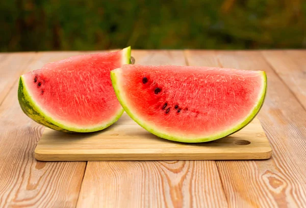 Slices Red Ripe Watermelon Wooden Table — Stock Photo, Image