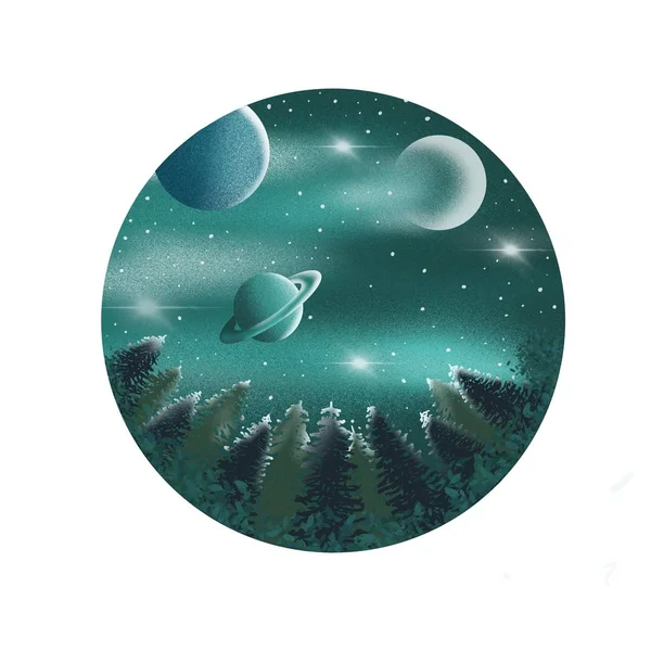 Csillagos Éjszakai Erdő Illusztráció — Stock Fotó