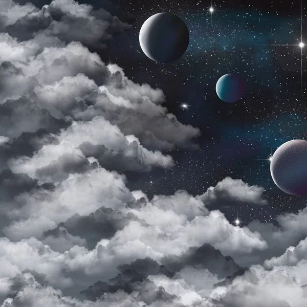Molnig Himmel Och Rymd Med Planeter — Stockfoto